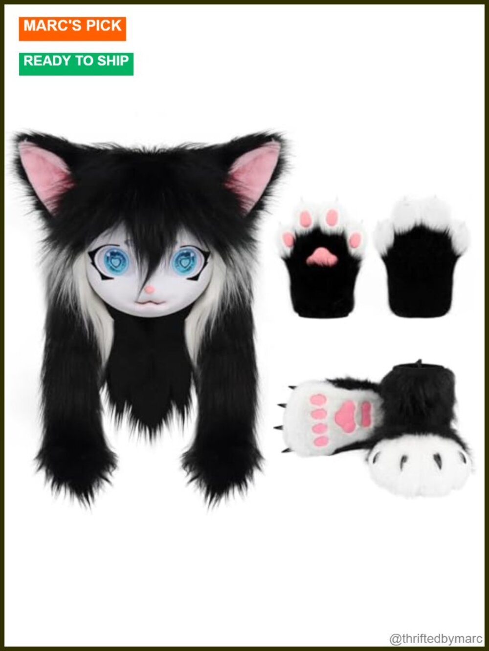 Faux Fur Cat Paw Gloves Mask & Plush Shoes Costume Set